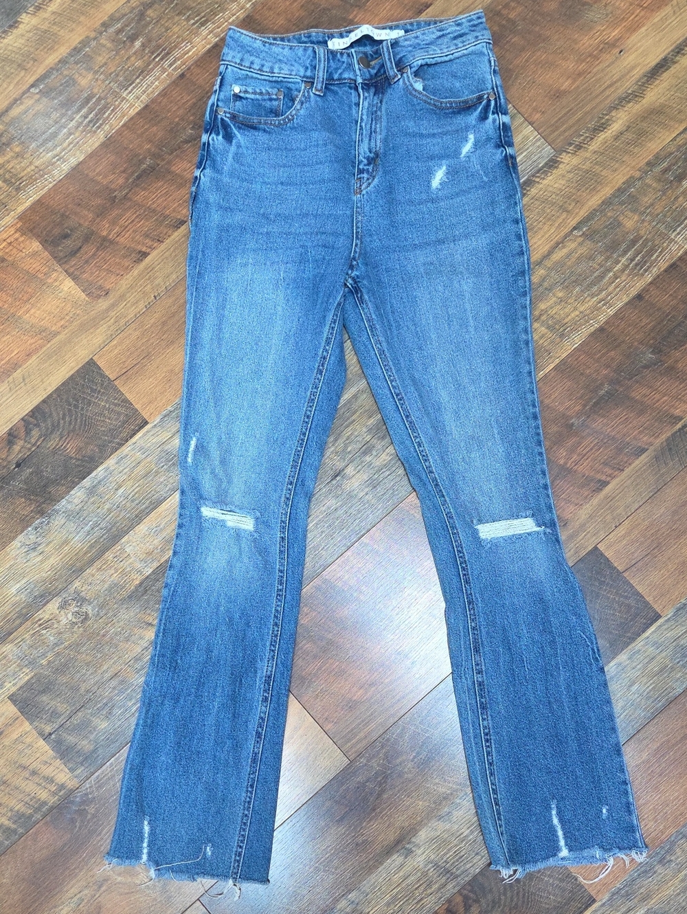 Tinseltown High Rise Distressed Flare Blue Jeans, Size 1